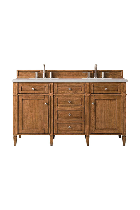 Brittany 60" Double Vanity Cabinet in Saddle Brown Double Bathroom Vanity James Martin Vanities White Zeus Single Faucet Quartz Top w/Backsplash 