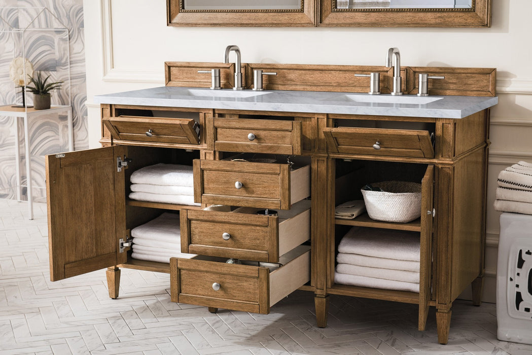 Brittany 60" Double Vanity Cabinet in Saddle Brown Double Bathroom Vanity James Martin Vanities Carrara White Marble 