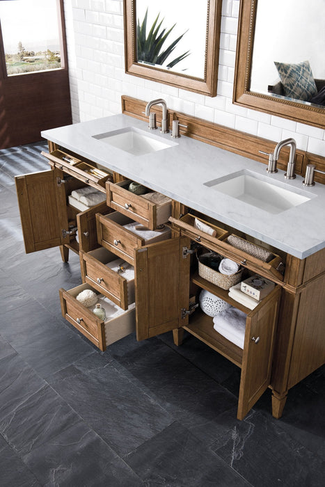 Brittany 72" Double Vanity Cabinet in Saddle Brown Double Bathroom Vanity James Martin Vanities Carrara White Marble 