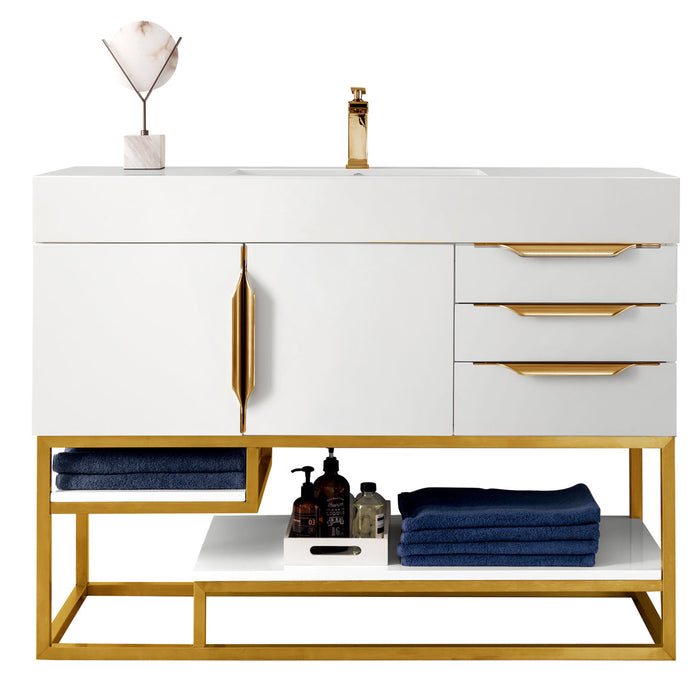 Columbia 48" Single Vanity, Glossy White, Radiant Gold w/ Glossy White Composite Stone Top - Luxe Vanity & Tub