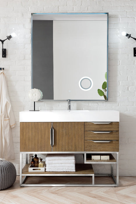 Columbia 48" Single Vanity, Latte Oak, Brushed Nickel w/ Glossy White Composite Stone Top - Luxe Vanity & Tub