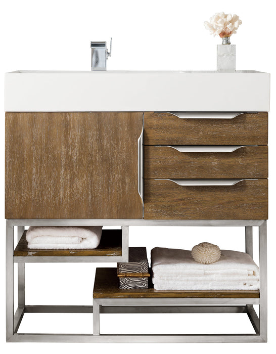 Columbia 36" Single Vanity, Latte Oak, Brushed Nickel w/ Glossy White Composite Stone Top - Luxe Vanity & Tub