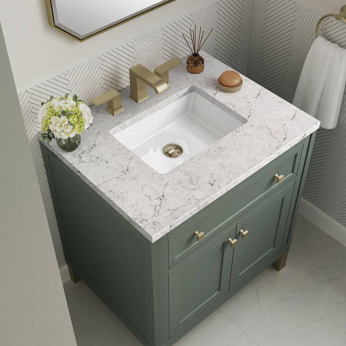 Chicago 30" Single Bathroom Vanity in Smokey Celadon Single Bathroom Vanity James Martin Vanities White Zeus Quartz Single Faucet Top w/Backsplash 