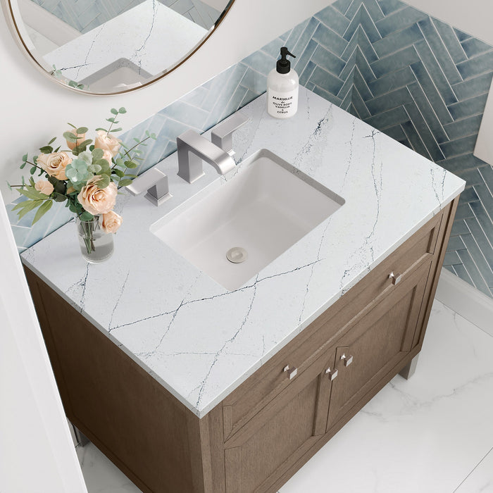 Chicago 36" Single Bathroom Vanity Whitewashed Walnut Single Bathroom Vanity James Martin Vanities White Zeus Quartz 