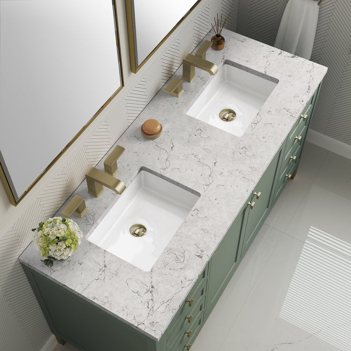 Chicago 60" Double Bathroom Vanity in Smokey Celadon Double bathroom Vanity James Martin Vanities White Zeus Quartz Single Faucet Top w/Backsplash 