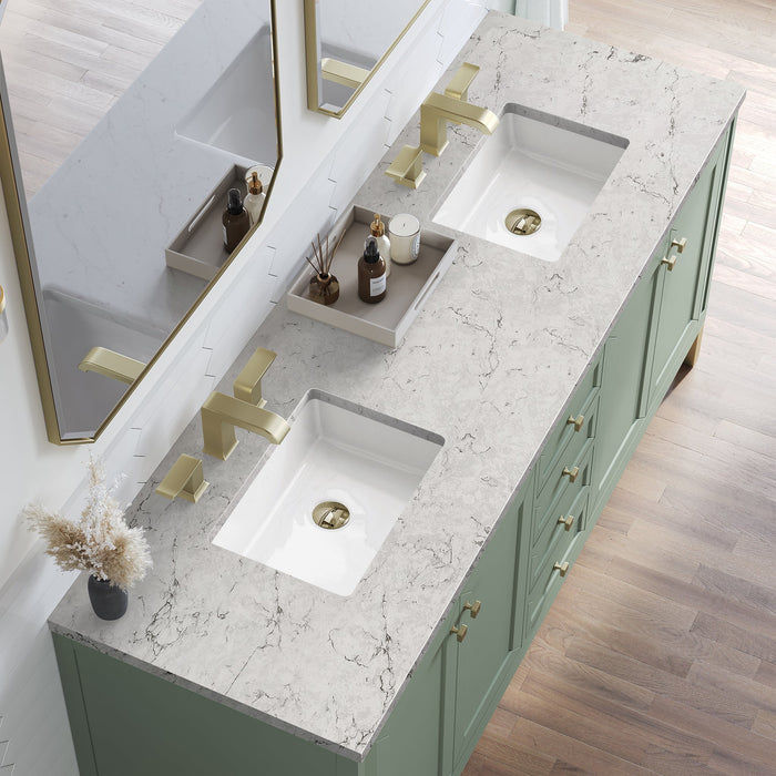 Chicago 72" Double Bathroom Vanity in Smokey Celadon Double bathroom Vanity James Martin Vanities White Zeus Quartz Single Faucet Top w/Backsplash 