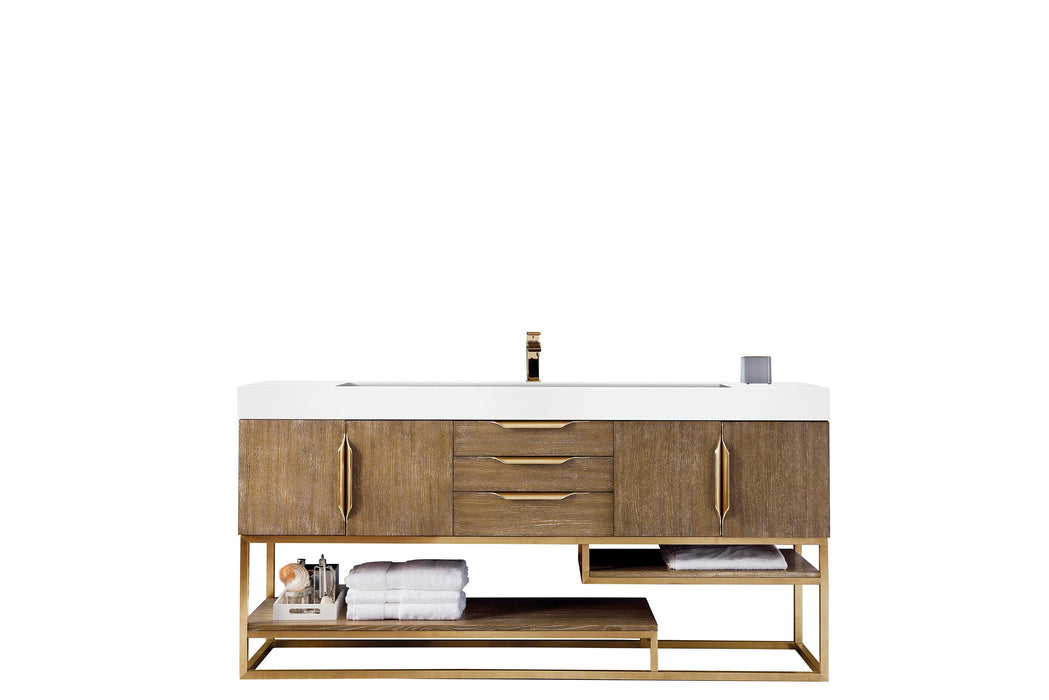 Columbia 72" Single Vanity, Latte Oak, Radiant Gold w/ Glossy White Composite Stone Top - Luxe Vanity & Tub