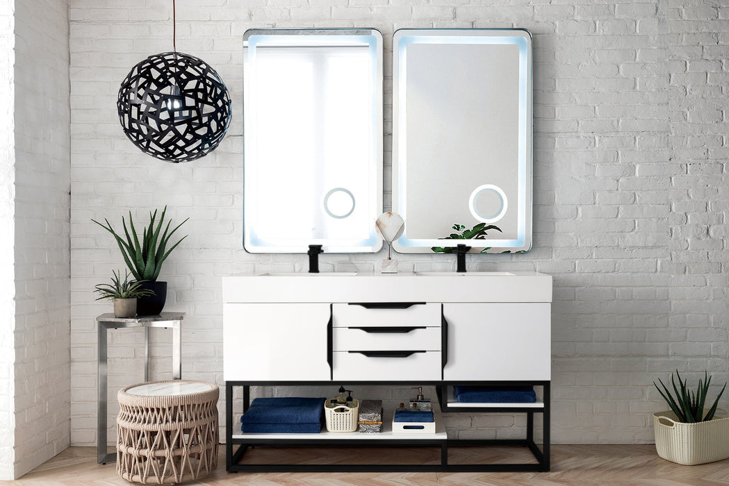 Columbia 59" Double Vanity, Glossy White, Matte Black w/ Glossy White Composite Stone Top - Luxe Vanity & Tub