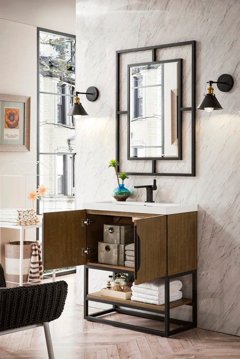 Columbia 31.5" Single Vanity, Latte Oak, Matte Black, w/ White Glossy Composite Stone Top - Luxe Vanity & Tub