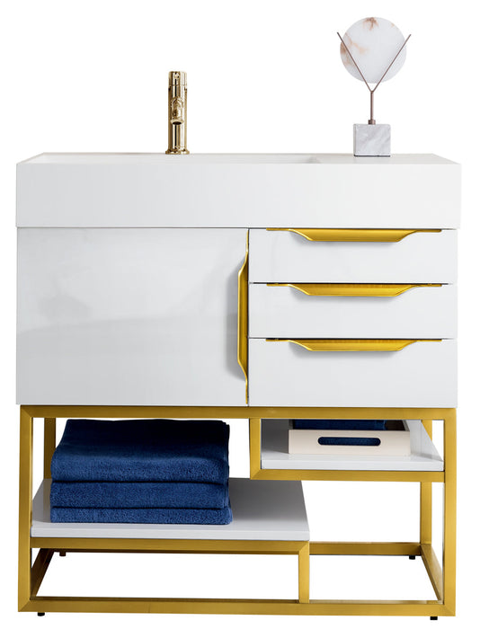 Columbia 36" Single Vanity, Glossy White, Radiant Gold w/ Glossy White Composite Stone Top - Luxe Vanity & Tub