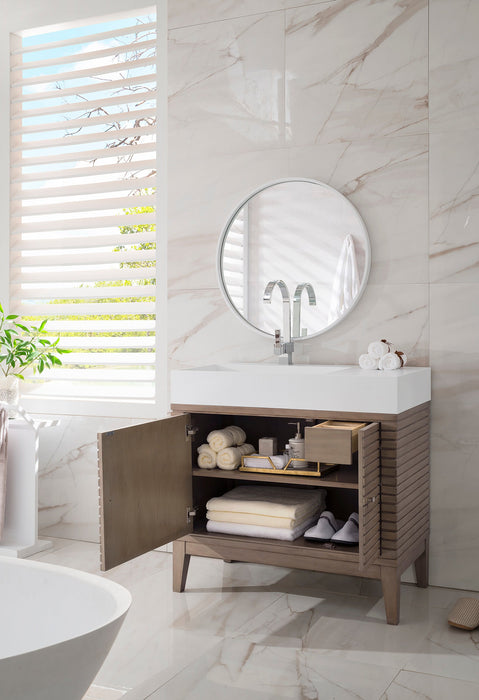 Linear 36" Single Vanity, Whitewashed Walnut w/ Glossy White Composite Stone Top - Luxe Vanity & Tub