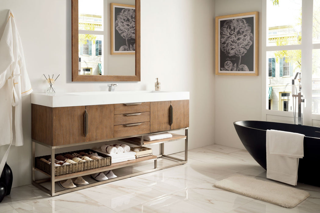 Columbia 72" Single Vanity, Latte Oak, Brushed Nickel w/ Glossy White Composite Stone Top - Luxe Vanity & Tub