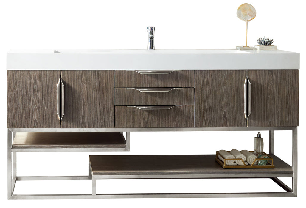 Columbia 72" Single Vanity, Ash Gray, Brushed Nickel w/ Glossy White Composite Stone Top - Luxe Vanity & Tub