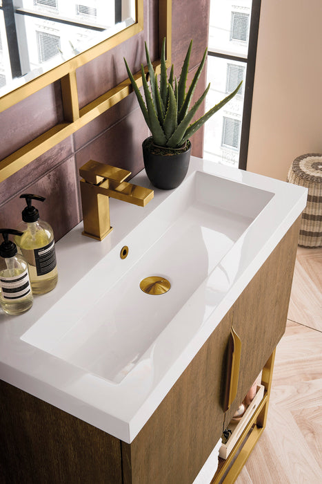 Columbia 31.5" Single Vanity, Latte Oak, Radiant Gold, w/ White Glossy Composite Stone Top - Luxe Vanity & Tub