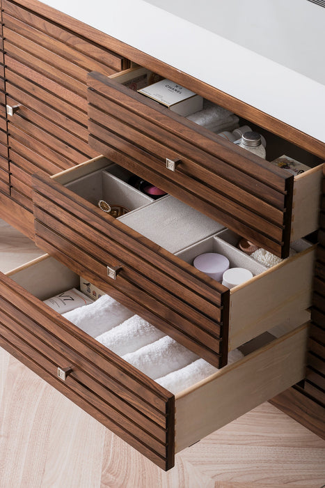 Linear 72" Double Vanity, Mid-Century Walnut w/ Glossy White Composite Stone Top - Luxe Vanity & Tub