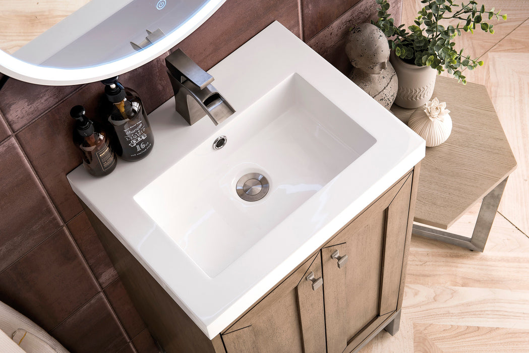 Chianti 20" Single Vanity, Whitewashed Walnut, Brushed Nickel, w/ White Glossy Composite Stone Top - Luxe Vanity & Tub