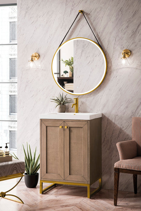 Chianti 24" Single Vanity, Whitewashed Walnut, Radiant Gold, w/ White Glossy Composite Stone Top - Luxe Vanity & Tub