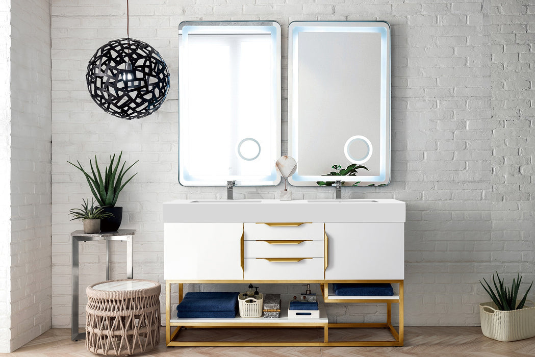 Columbia 59" Double Vanity, Glossy White, Radiant Gold w/ Glossy White Composite Stone Top - Luxe Vanity & Tub