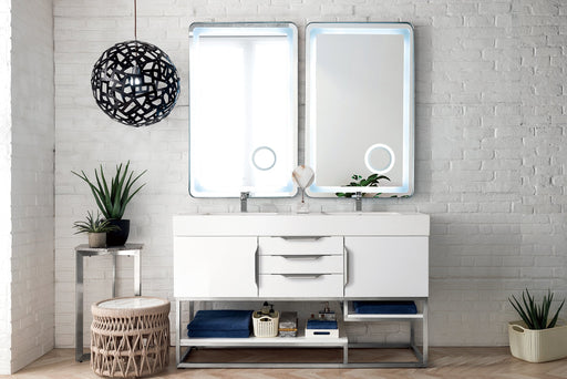 Columbia 59" Double Vanity, Glossy White, Brushed Nickel w/ Glossy White Composite Stone Top - Luxe Vanity & Tub