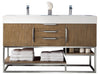 Columbia 59" Double Vanity, Latte Oak, Brushed Nickel w/ Glossy White Composite Stone Top - Luxe Vanity & Tub