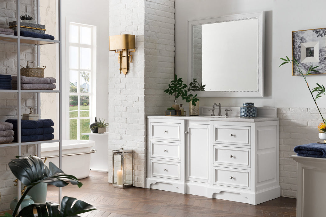 De Soto 60" Single Vanity, Bright White w/ 3 CM Arctic Fall Solid Surface Top - Luxe Vanity & Tub