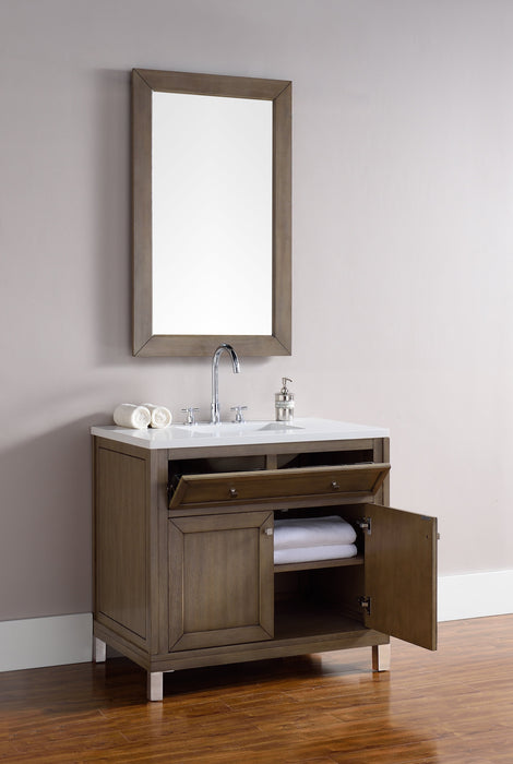 Chicago 36" Single Vanity, Whitewashed Walnut w/ 3 CM White Zeus Quartz Top - Luxe Vanity & Tub