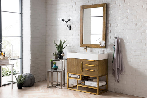 Columbia 36" Single Vanity, Latte Oak, Radiant Gold w/ Glossy White Composite Stone Top - Luxe Vanity & Tub