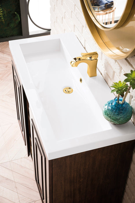 Alicante 39.5" Single Vanity, Mid-Century Acacia, Radiant Gold w/ White Glossy Composite Stone Top - Luxe Vanity & Tub