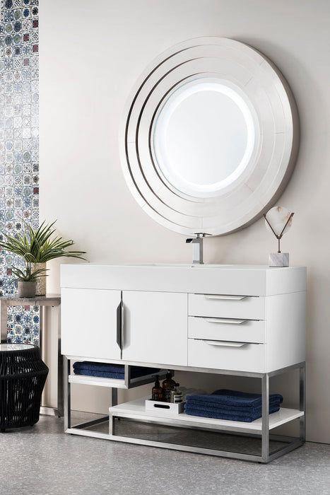 Columbia 48" Single Vanity, Glossy White, Brushed Nickel w/ Glossy White Composite Stone Top - Luxe Vanity & Tub