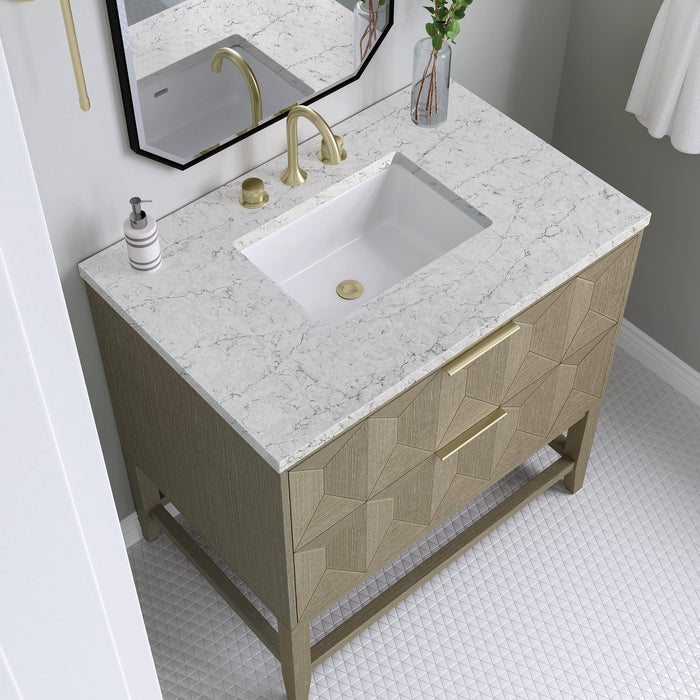 Emmeline 36" Vanity in Pebble Oak Single Bathroom Vanity James Martin Vanities White Zeus Quartz Single Faucet Top w/Backsplash 