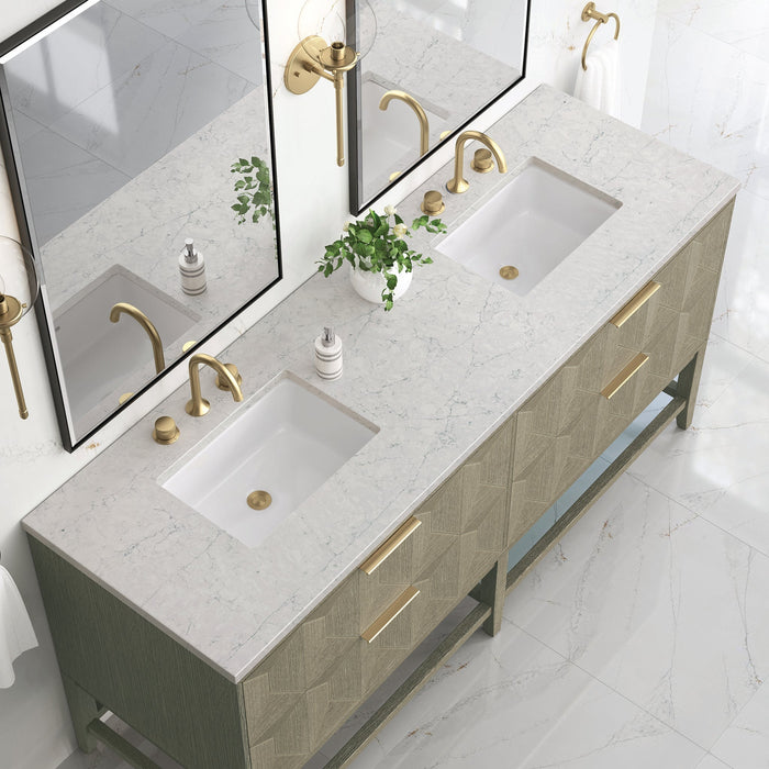 Emmeline 72" Vanity in Pebble Oak Double bathroom Vanity James Martin Vanities White Zeus Quartz Single Faucet Top w/Backsplash 