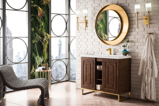 Alicante 39.5" Single Vanity, Mid-Century Acacia, Radiant Gold w/ White Glossy Composite Stone Top - Luxe Vanity & Tub