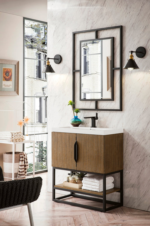 Columbia 31.5" Single Vanity, Latte Oak, Matte Black, w/ White Glossy Composite Stone Top - Luxe Vanity & Tub