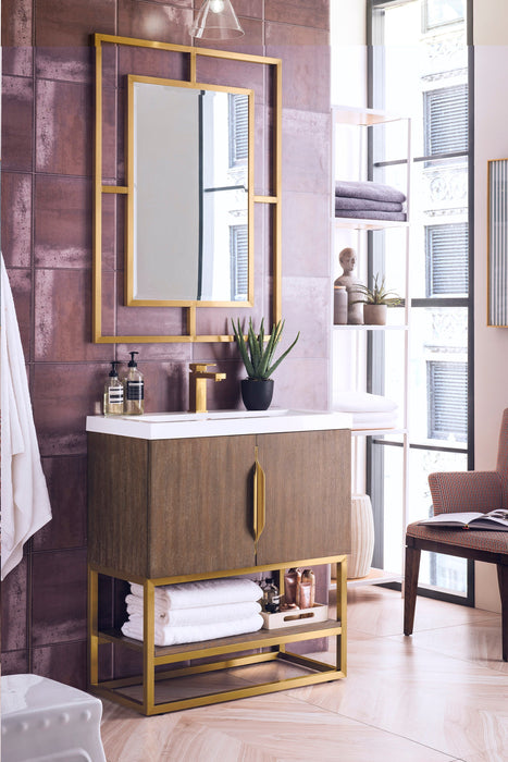 Columbia 31.5" Single Vanity, Latte Oak, Radiant Gold, w/ White Glossy Composite Stone Top - Luxe Vanity & Tub