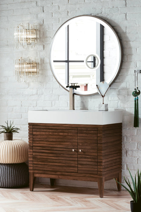 Linear 36" Single Vanity, Mid-Century Walnut w/ Glossy White Composite Stone Top - Luxe Vanity & Tub