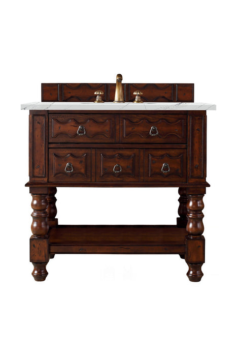 Castilian 36" Single Vanity, Aged Cognac w/ 3 CM Ethereal Noctis Quartz Top - Luxe Vanity & Tub