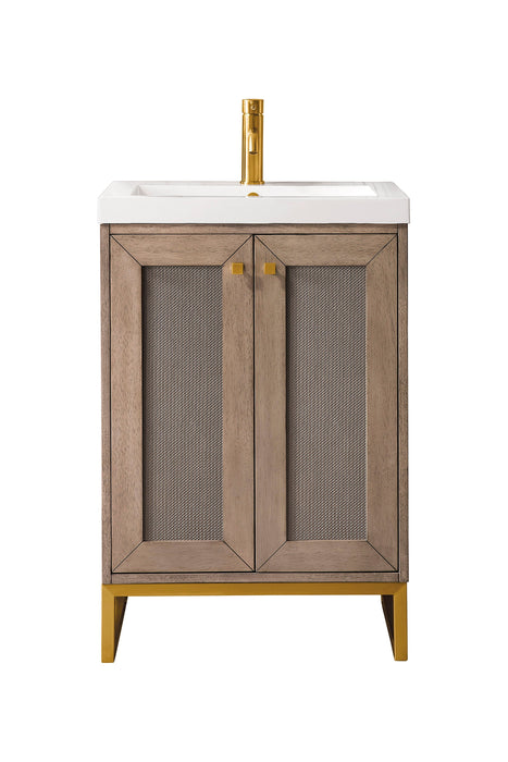 Chianti 24" Single Vanity, Whitewashed Walnut, Radiant Gold, w/ White Glossy Composite Stone Top - Luxe Vanity & Tub