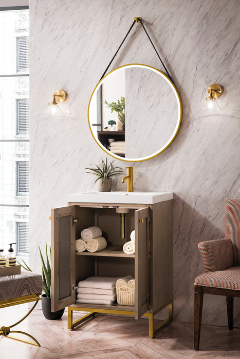 Chianti 20" Single Vanity, Whitewashed Walnut, Radiant Gold, w/ White Glossy Composite Stone Top - Luxe Vanity & Tub