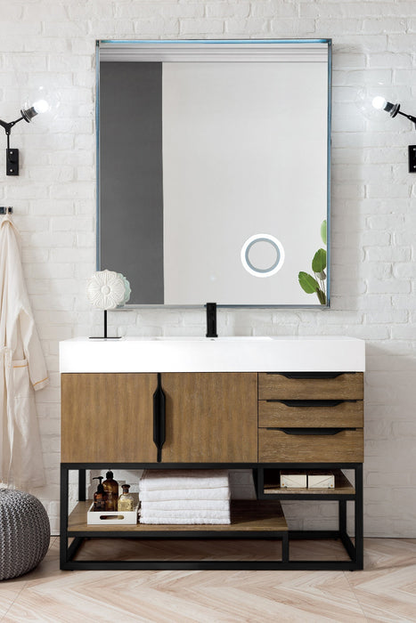 Columbia 48" Single Vanity, Latte Oak, Matte Black w/ Glossy White Composite Stone Top - Luxe Vanity & Tub