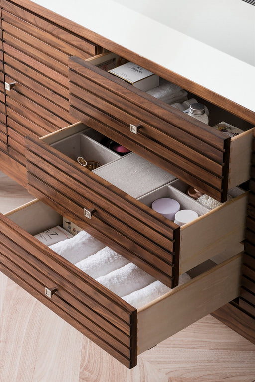 Linear 72" Single Vanity, Mid-Century Walnut w/ Glossy White Composite Stone Top - Luxe Vanity & Tub