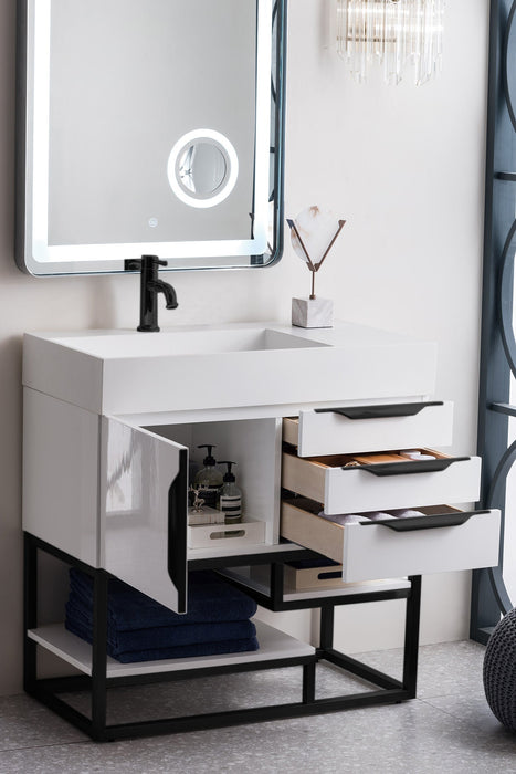 Columbia 36" Single Vanity, Glossy White, Matte Black w/ Glossy White Composite Stone Top - Luxe Vanity & Tub