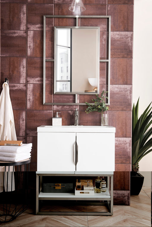 Columbia 31.5" Single Vanity, Glossy White, Brushed Nickel, w/ White Glossy Composite Stone Top - Luxe Vanity & Tub