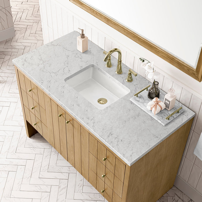 Hudson 48" Single Vanity in Light Natural Oak Single Bathroom Vanity James Martin Vanities White Zeus Quartz Single Faucet Top w/Backsplash 