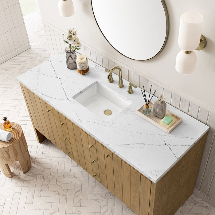 Hudson 60" Single Vanity in Light Natural Oak Double Bathroom Vanity James Martin Vanities White Zeus Quartz Single Faucet Top w/Backsplash 