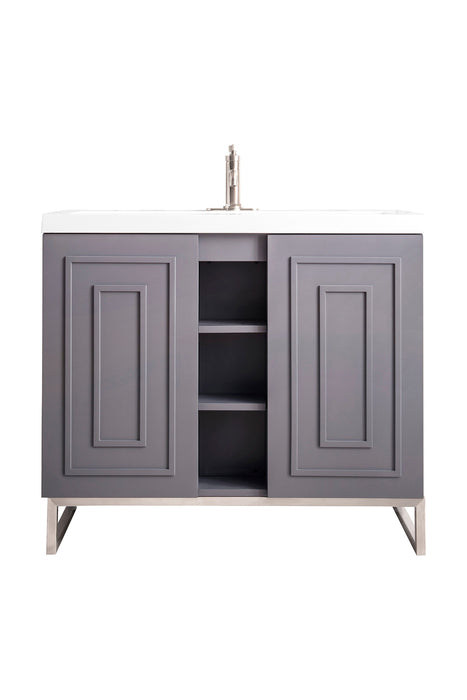 Alicante 39.5" Single Vanity, Gray Smoke, Brushed Nickel w/ White Glossy Composite Stone Top - Luxe Vanity & Tub