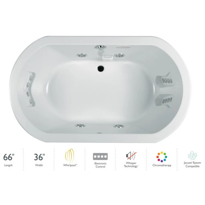 Jacuzzi Anza 66" Whirlpool Bathtub for Drop In Installation with Center Drain and Chromatherapy / Whisper Technology - Luxury Controls - White - Luxe Vanity & Tub