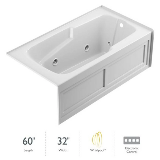 Jacuzzi 60" x 32" Cetra Three Wall Alcove Comfort Whirlpool Bathtub with 8 Jets, Basic Controls, Heater, Right Drain and Left Pump - White - Luxe Vanity & Tub