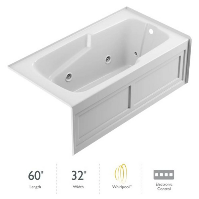 Jacuzzi 60" x 32" Cetra Three Wall Alcove Comfort Whirlpool Bathtub with 8 Jets, Basic Controls, Heater, Right Drain and Left Pump - White - Luxe Vanity & Tub