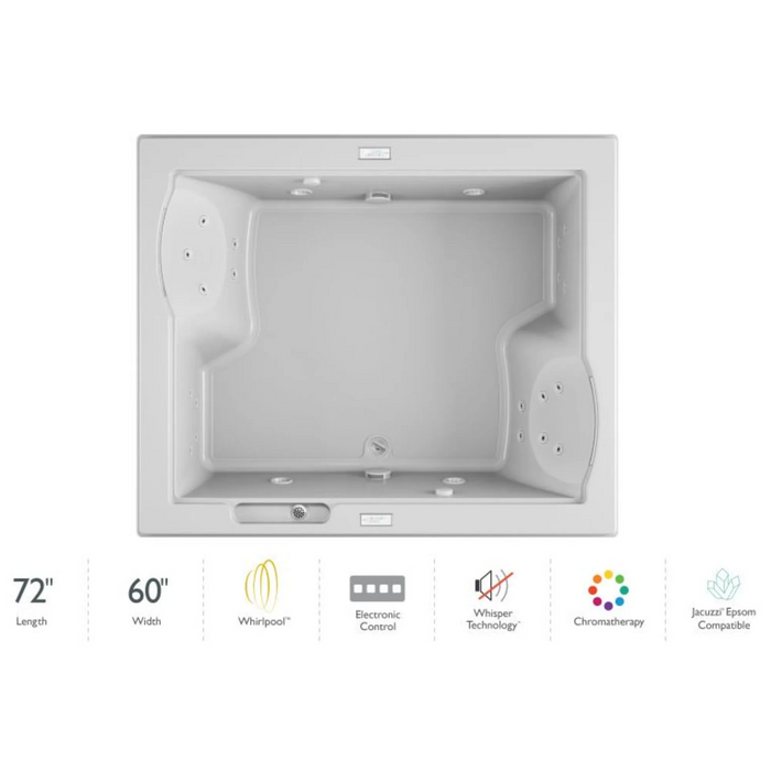 Jacuzzi 72" x 60" Fuzion Drop In Luxury Whirlpool Bathtub with 23 Jets, Luxury Controls, Chromatherapy, Heater, Center Drain and Dual Pump - Integrated Drain Assembly Included - White - Luxe Vanity & Tub