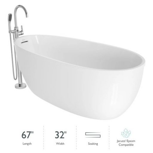 Jacuzzi Signature 67" Free Standing Acrylic Soaking Tub with Chrome Free Standing Tub Filler and Handshower, Reversible Drain, Drain Assembly and Overflow - White - Luxe Vanity & Tub